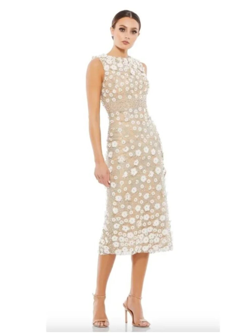 Mac Duggal Style 67853 Nude Floral Applique Sleeveless Midi Dress Size 16
